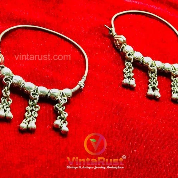 Vintage Tribal Hoop Earrings with Bells: Handmade Boho Jewelry - Picture 4 of 7